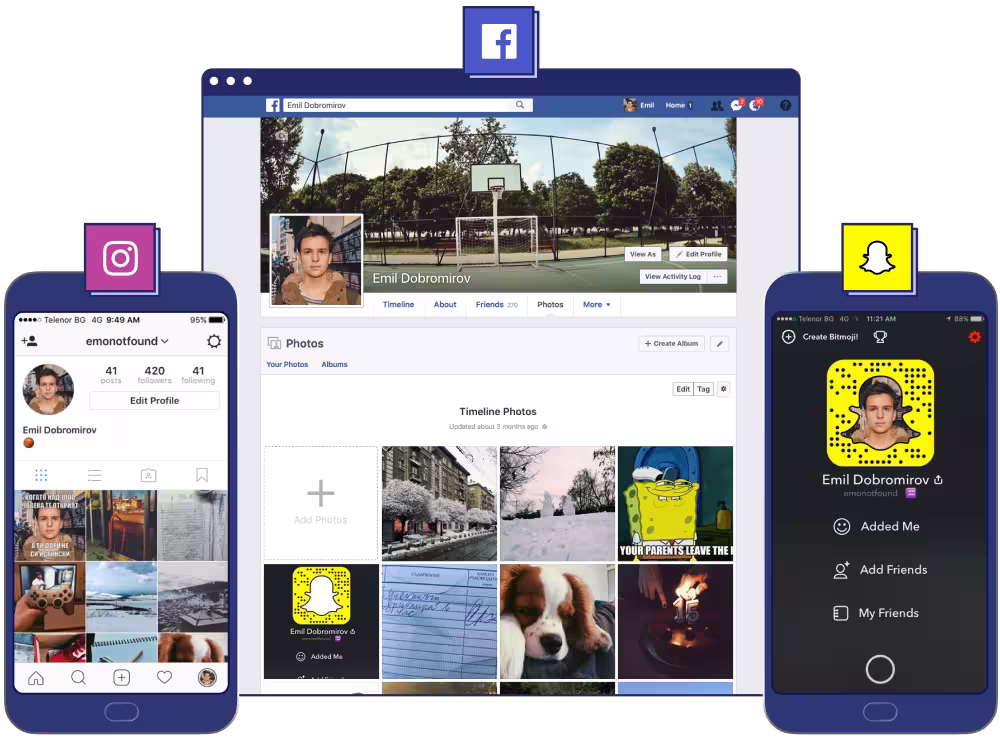 Emo’s invented Instagram, Facebook and Snapchat profiles.