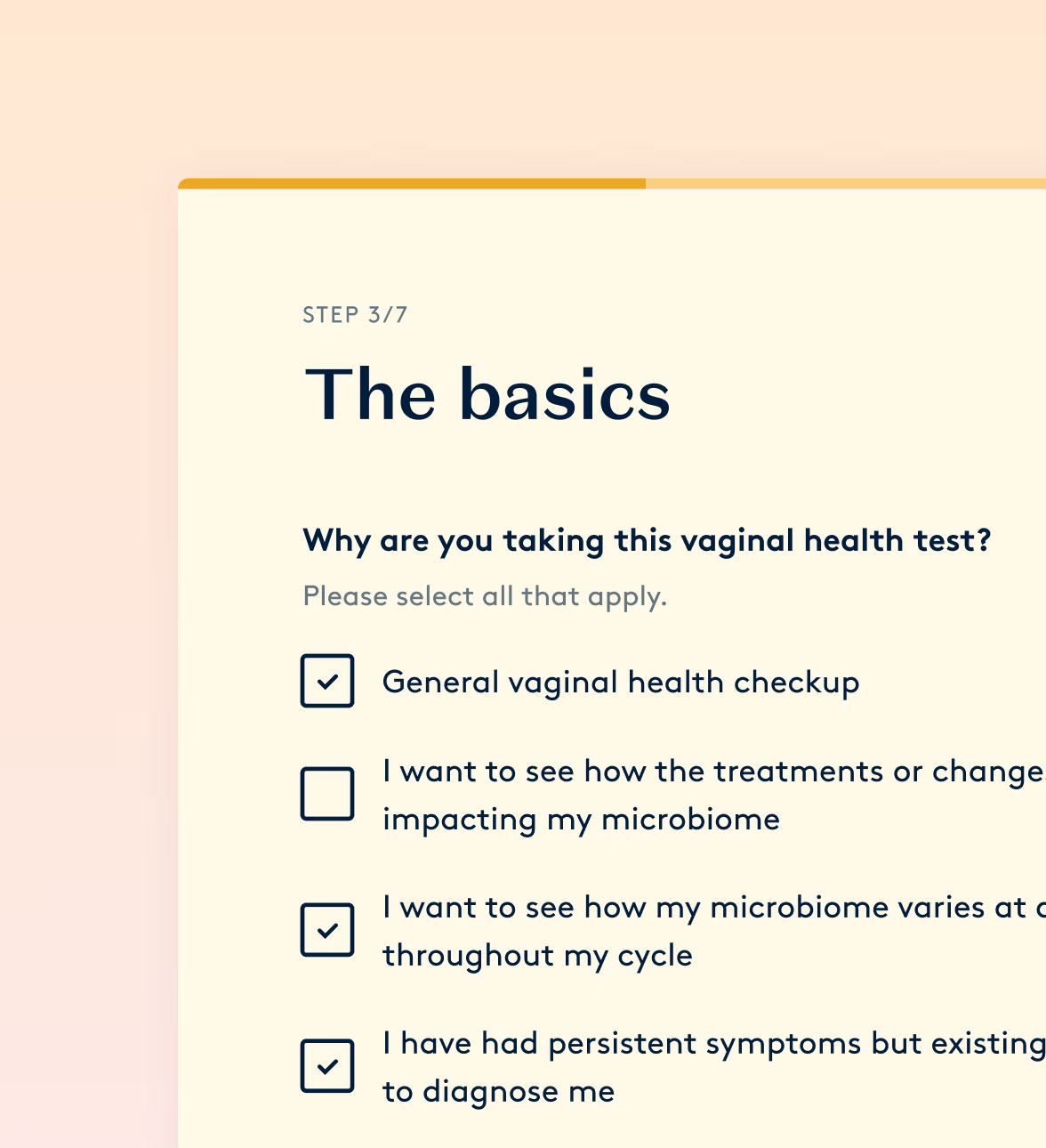 Kit activation questionnaire asking why the user is taking the vaginal health test.