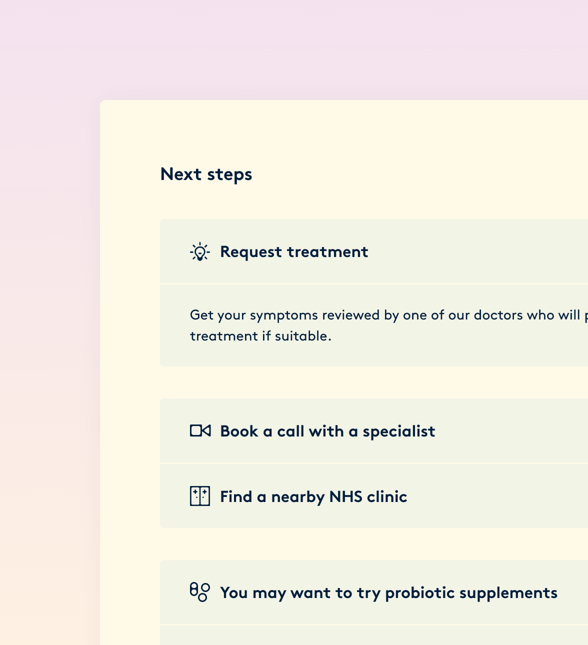 Next steps panel offering treatment, a specialist consultation and a nurse clinic.