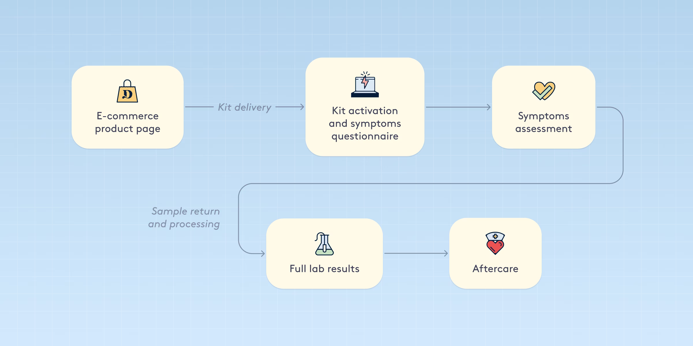 Service flow diagram from the e-commerce product page through kit activation, symptom assessment, sample return, results and aftercare.
