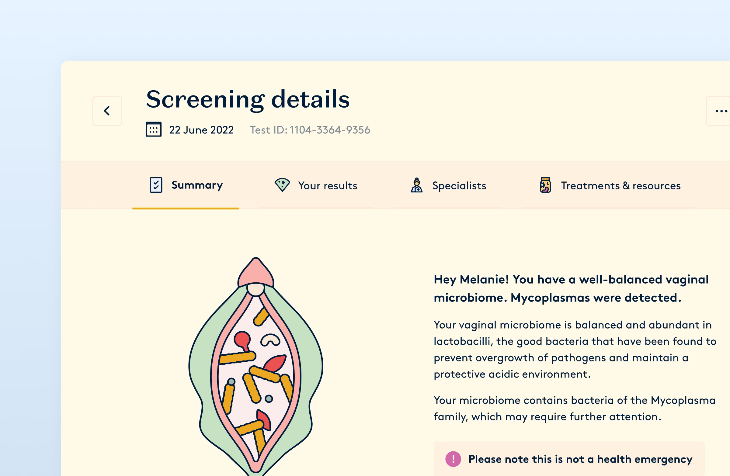 The redesigned screening details report with summary, results, specialists and treatments tabs.
