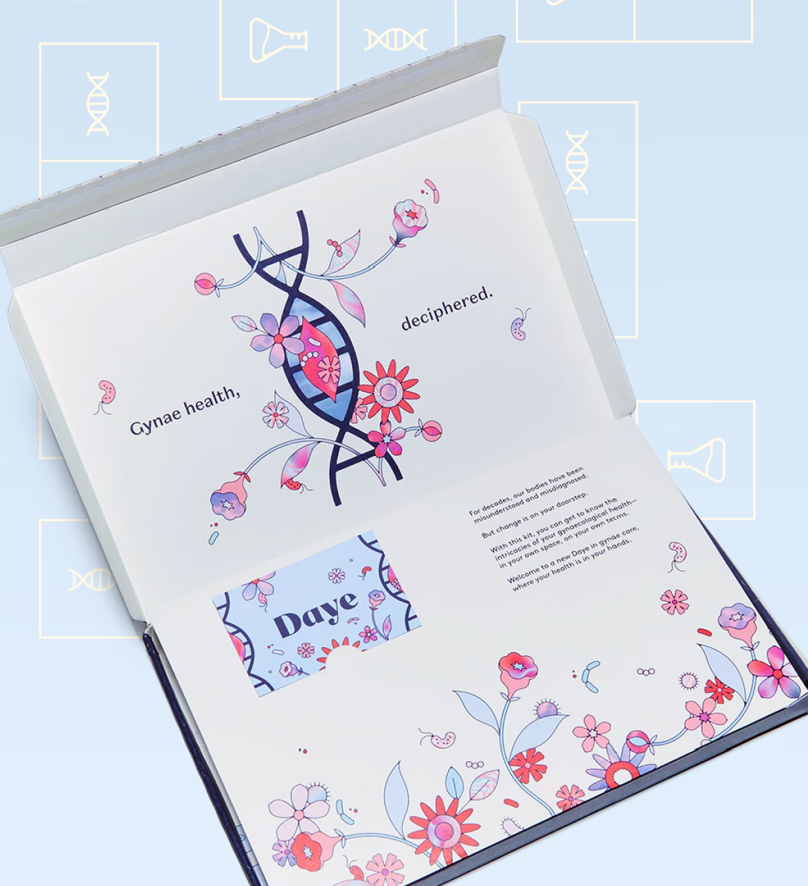 The Daye Diagnostic Tampon kit box, open to show its printed instructions.