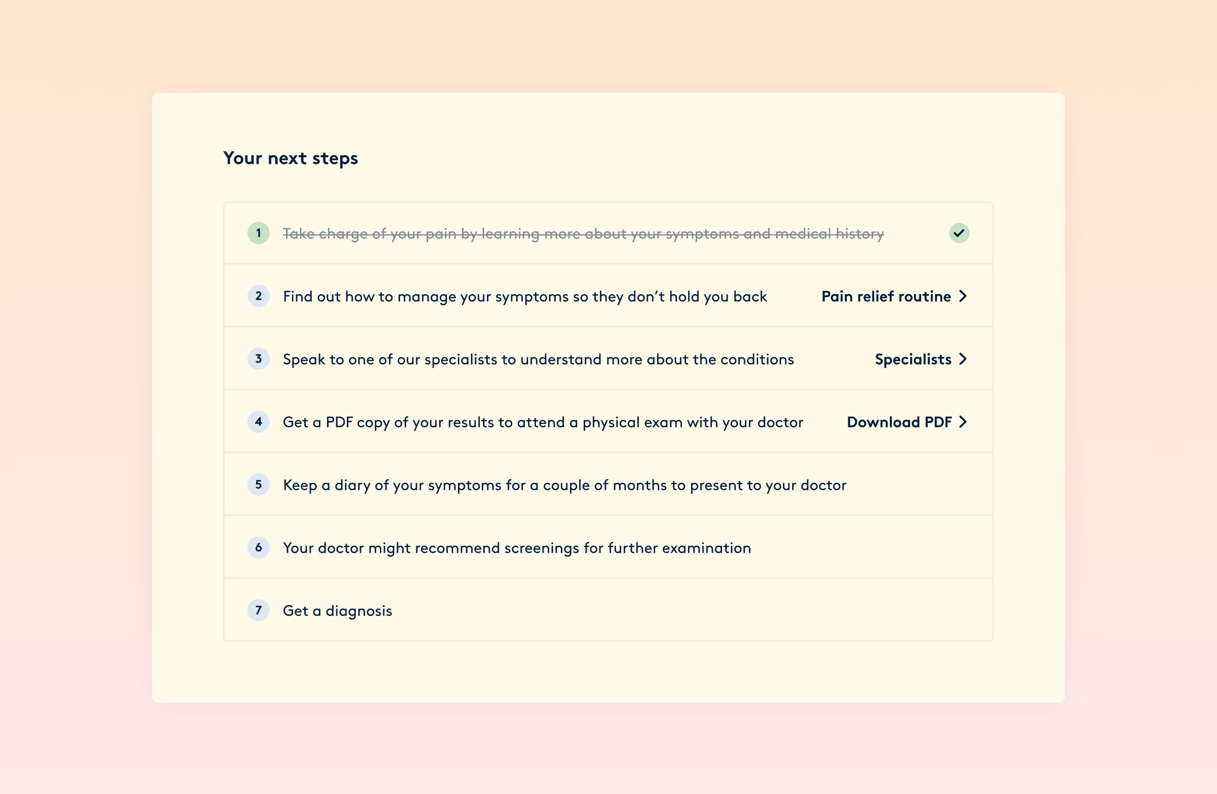 The next steps checklist closing the report, with the first step struck through.