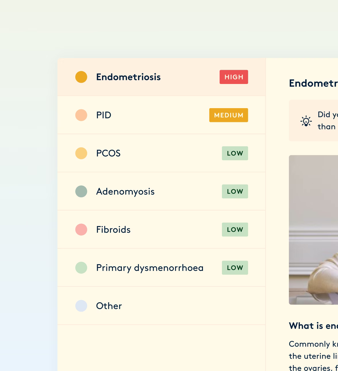 Early sprint concept listing possible conditions with severity labels.