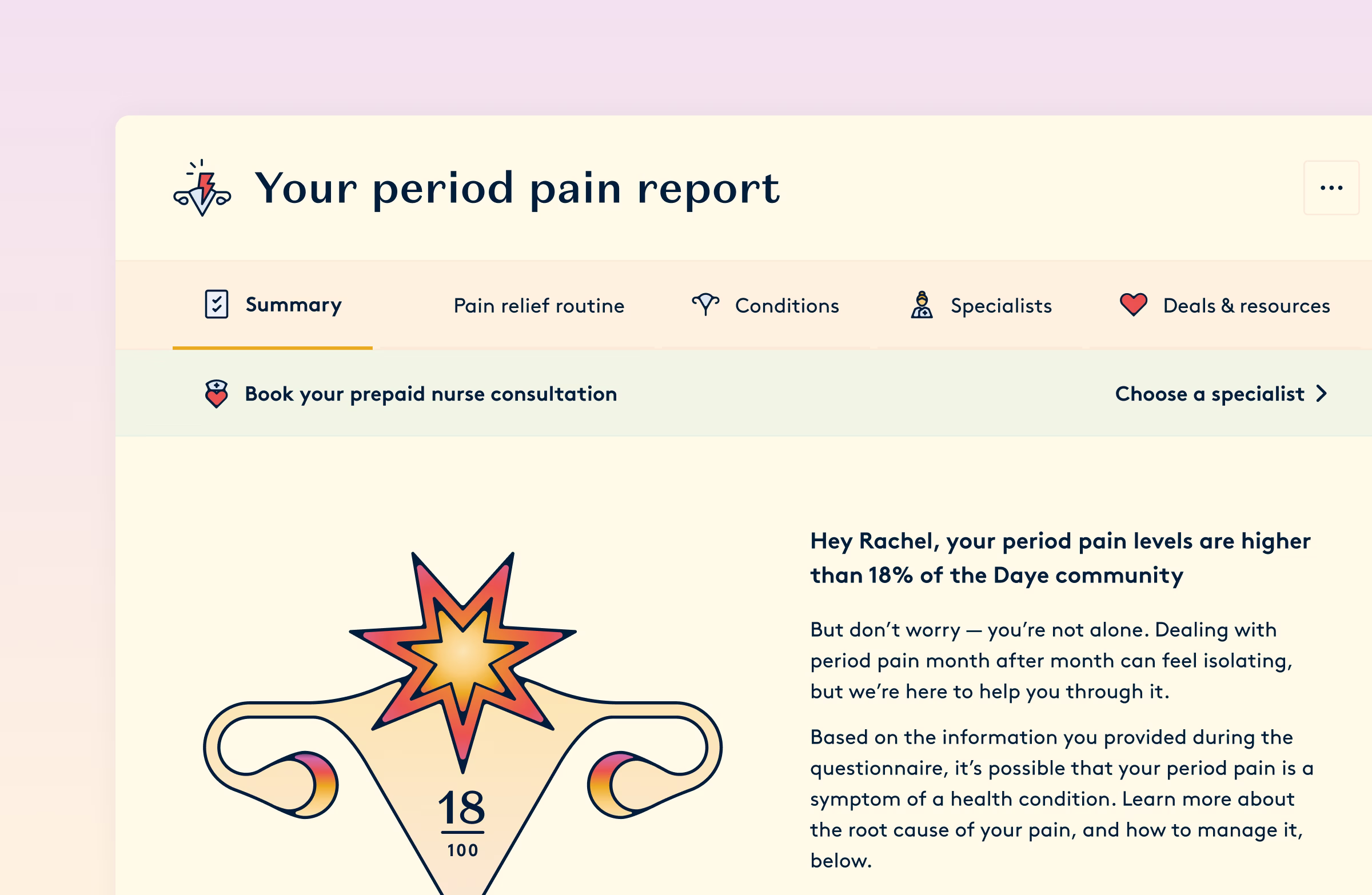The period pain report summary screen with an illustrated result and a consultation prompt.