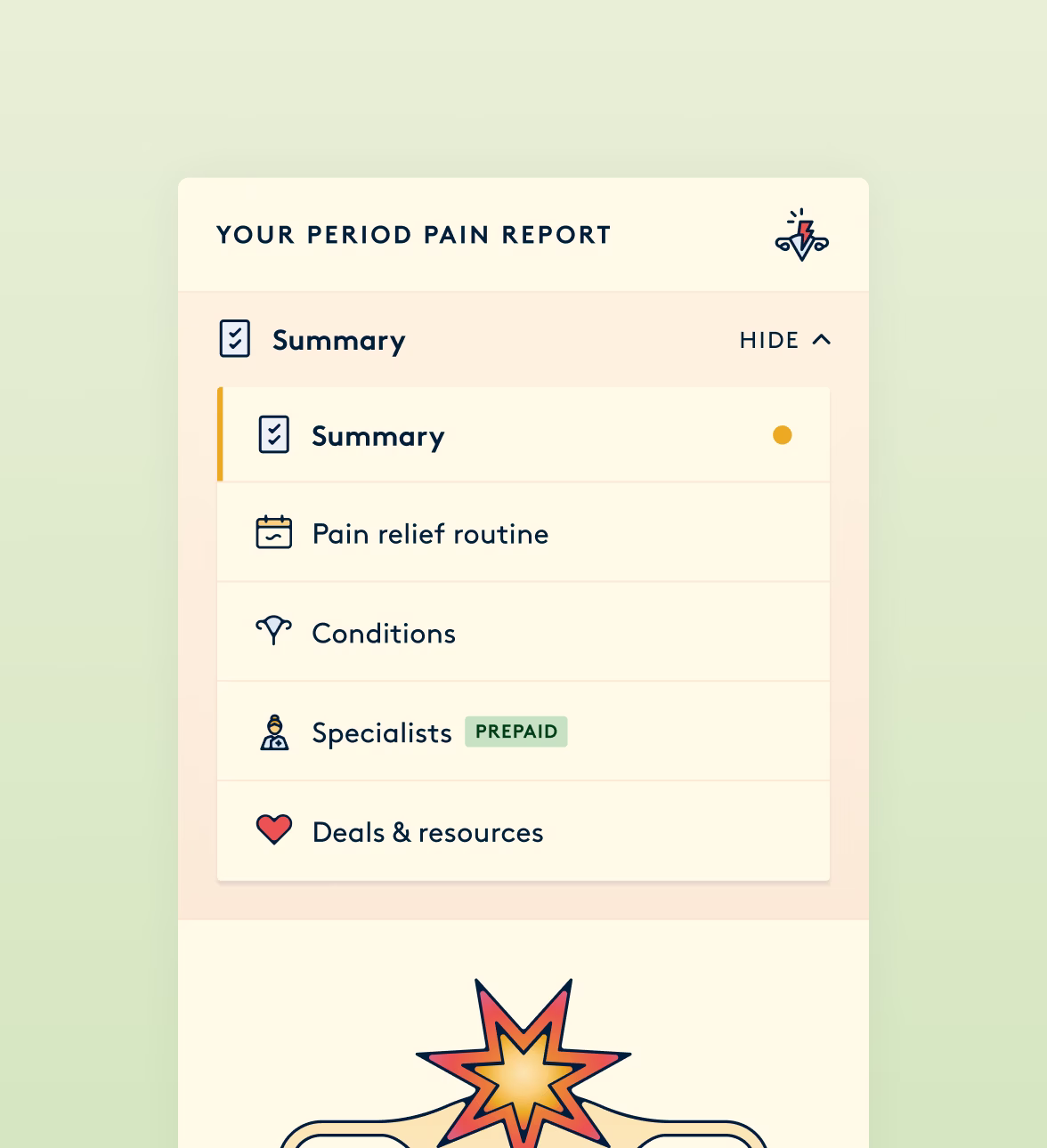 The report navigation showing summary, conditions and specialists sections.